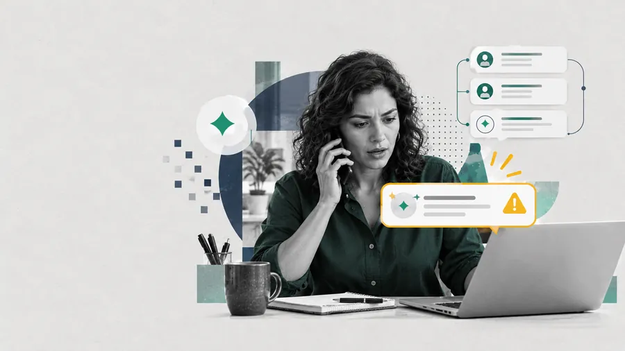 Lucía al teléfono frente a una respuesta de Nova marcada con alerta