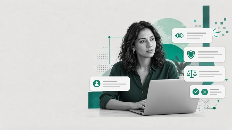 Lucía en su laptop rodeada de cuatro tarjetas: observar, límites, evaluar, decidir